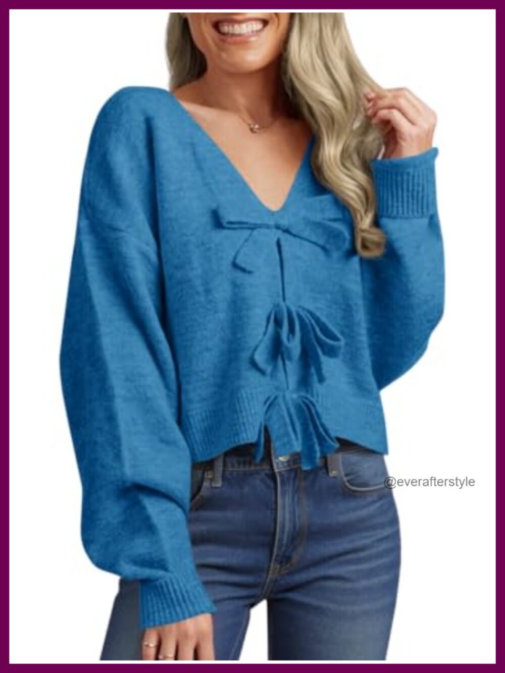 Women's Cropped V-Neck Long Sleeve Sweater with Bow Detail